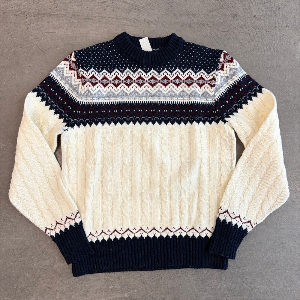 Vintage Y2k Cream Blue Nordic Weave Knit Longsleeve Pullover Sweater Men's M